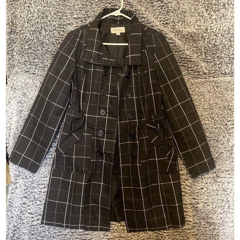Merona Trench Coat Juniors Size Medium plaid black Long sleeve Water Repellent